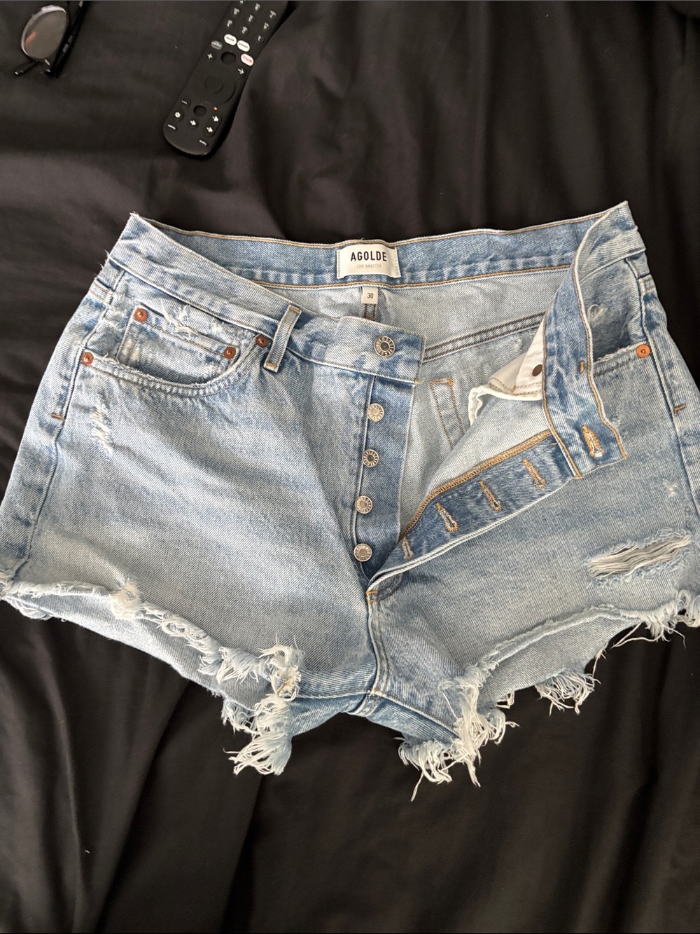 Agolde Light Wash Distressed High-Rise Denim Shorts